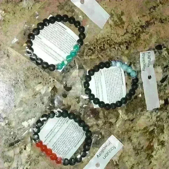 Unisex Lava And Gemstone Bracelets Set Of Three Brand New In Package - Picture 8 of 12